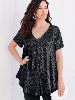 Roamans Black Sequin Top. Plus Size 24w.  New.